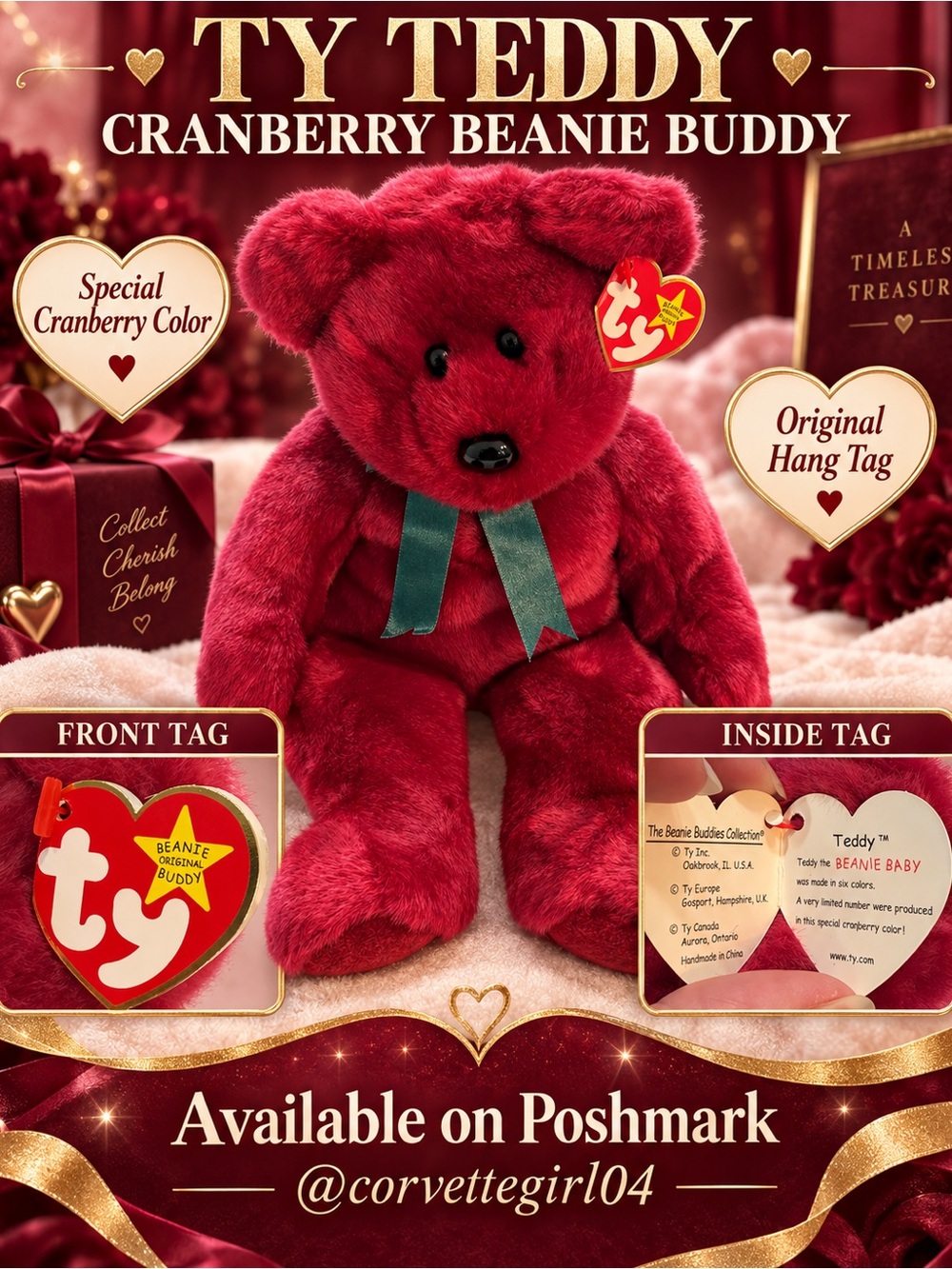 Ty Cranberry Plush Beanie Buddy Teddy with Green Bow
